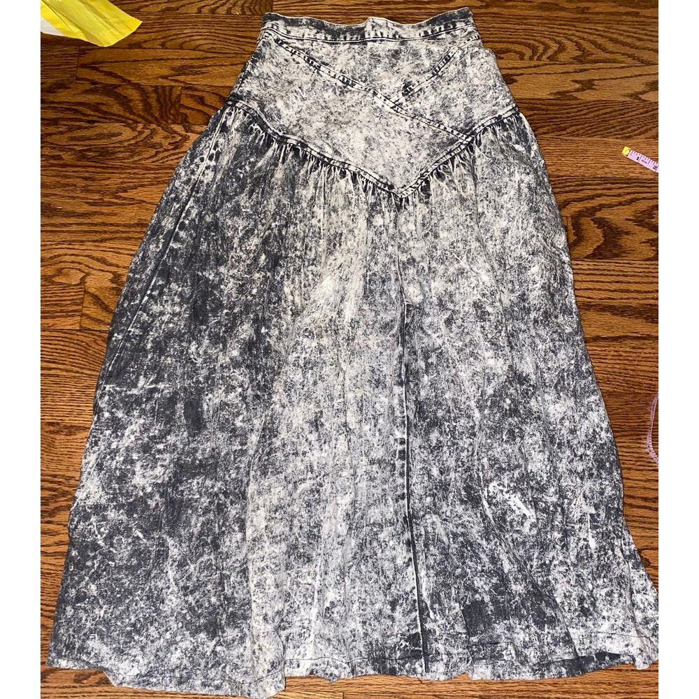 Vintage Paris Blues Acid Wash Midi Skirt Black White Y2K High Waist